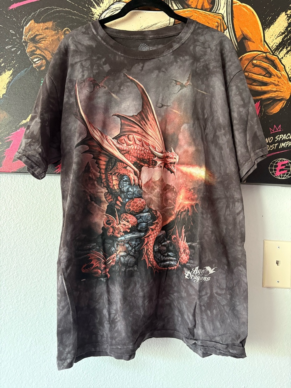 The Mountain Gray Tie-Dye Dragon Graphic Tee with Red-Orange Accents